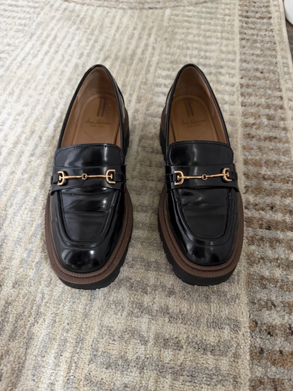 Sam Edelman Black Patent Loafers with Brown Platform and Gold Bit